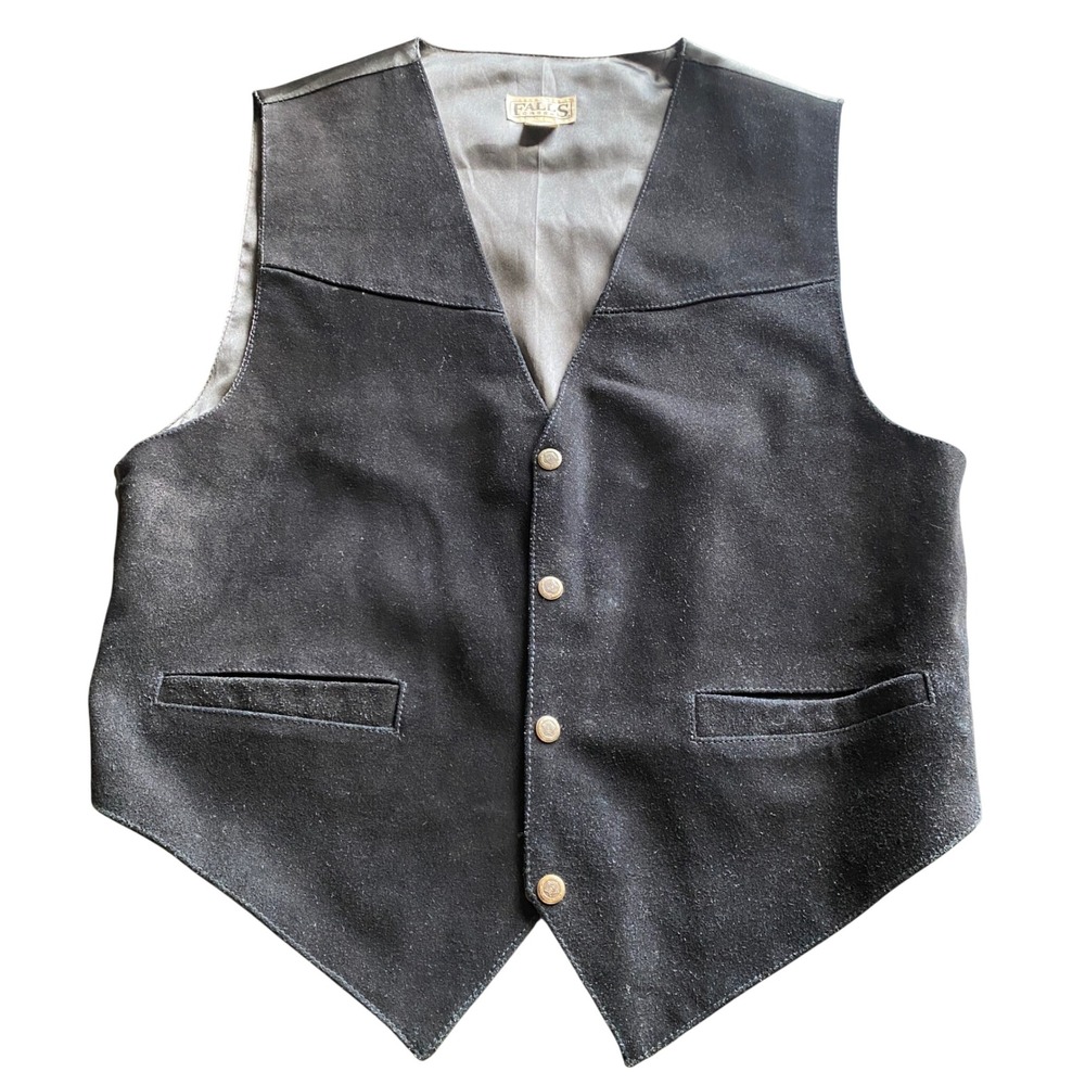 Falls Creek Vest Large Black Suede Leather Western Cowboy Cinch Back Vintage